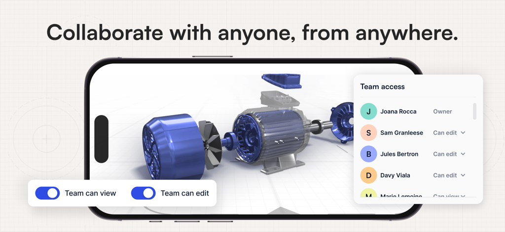 A smartphone screen showing a 3D motor model with a team access menu and collaboration permissions toggles.