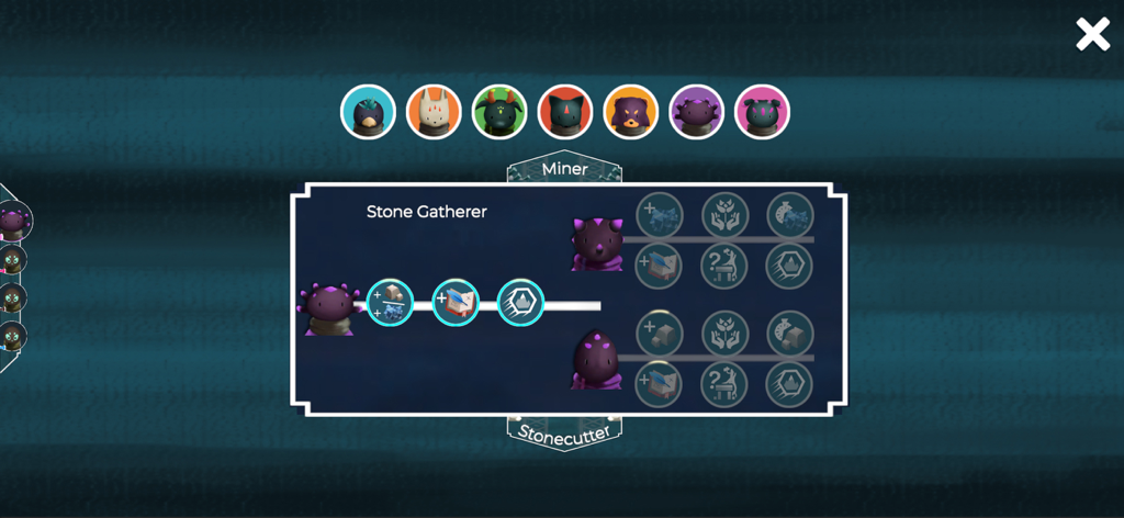 As Far As The Eye - Bildschirm zur Verwaltung von Charakterberufen, der den Fähigkeitsbaum des Steinsammlers im Spiel As Far As The Eye zeigt.