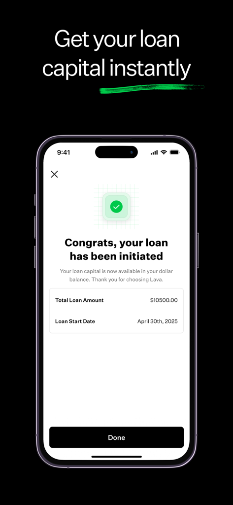 Lava: Secure Bitcoin Loans - Lavaアプリでの即時ビットコインローンの確認画面。