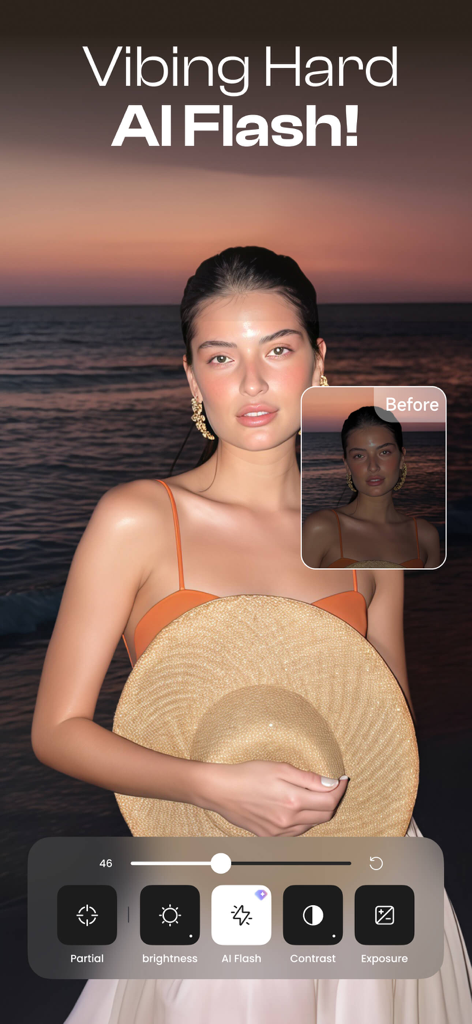 Starii-AI Beauty Editor - A comparison showing a woman's beach portrait before and after using the AI Flash lighting enhancement tool in the Starii app.