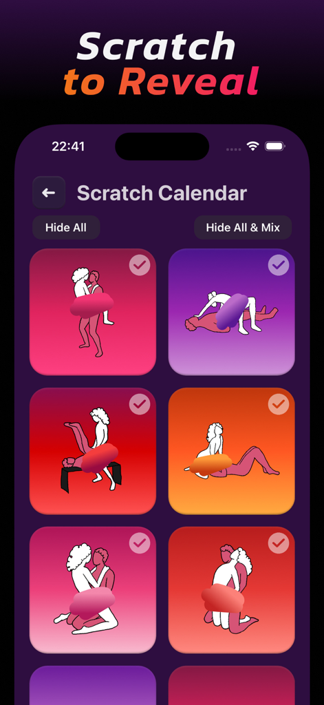 Sex Positions Game :TwoJoy - TwoJoyモバイルアプリのインターフェース。カップルのための様々な親密さのポーズが表示されたスクラッチカレンダーが表示されています。