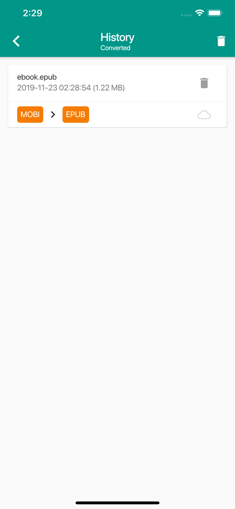 Ebook Converter - 変換された電子書籍ファイルの履歴リスト。MOBIからEPUBへの変換が表示されています。