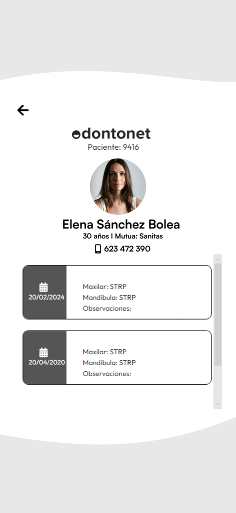 Odontonet Agendas - Pantalla de la aplicación Odontonet Agendas que muestra el perfil de un paciente con historial dental e información de contacto.