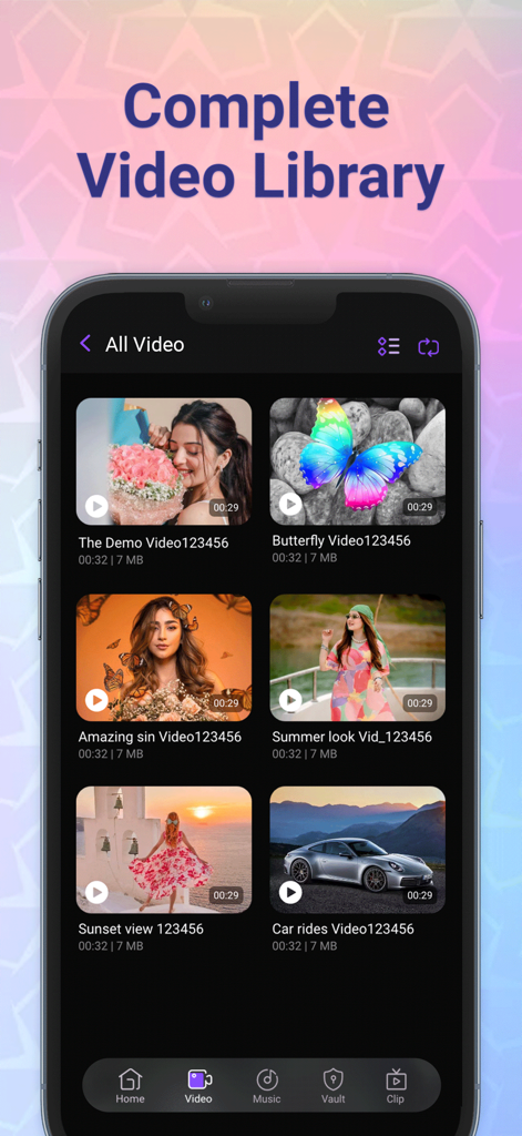 MX Video Player app showing a grid of video thumbnails in the video library