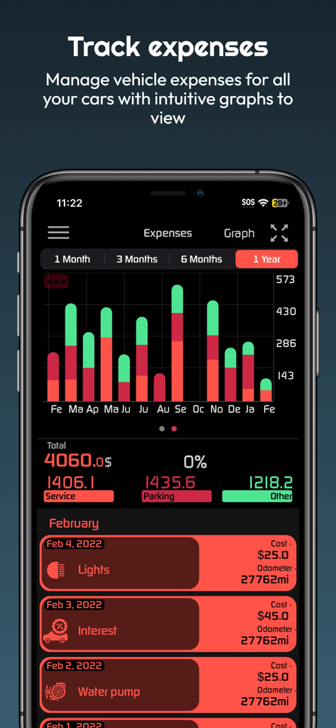 Autolog Auto-App-Oberfläche mit einem jährlichen Ausgaben-Diagramm und Einträgen im Wartungsprotokoll.