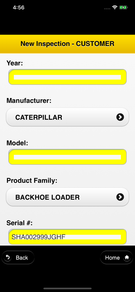 CatUsed Inspect - Mobile interface of the CatUsed Inspect app showing a new equipment inspection form with fields for manufacturer model and serial number