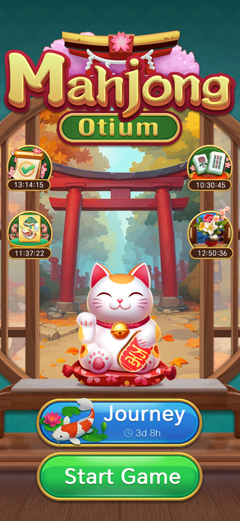 Otium Mahjong: Wafū Tile Match - Pantalla de inicio de Otium Mahjong con un gato de la suerte y un fondo de puerta torii japonesa.