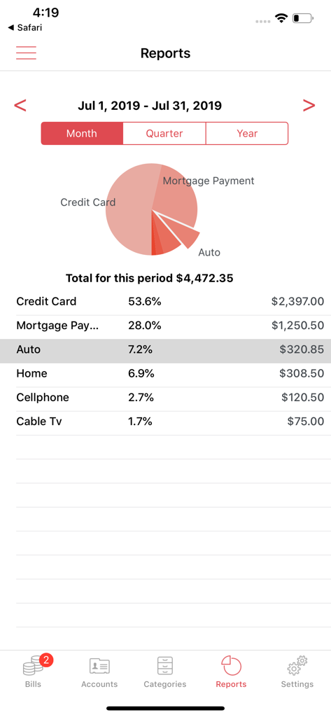 Bills Manager - Bills Manager reports screen displaying a monthly expense pie chart and detailed bill breakdown