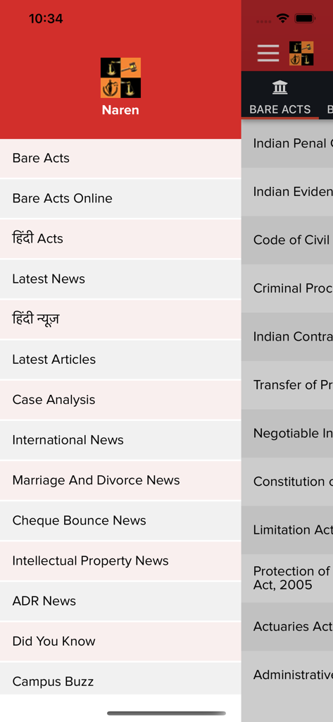 LatestLaws - LatestLawsモバイルアプリのナビゲーションメニュー。基本法やニュースなどの法的カテゴリが表示されています。
