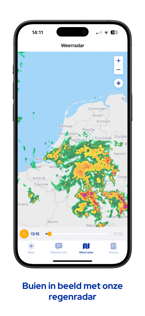 Interfaz de la aplicación móvil que muestra un mapa de radar de lluvia en tiempo real para los Países Bajos