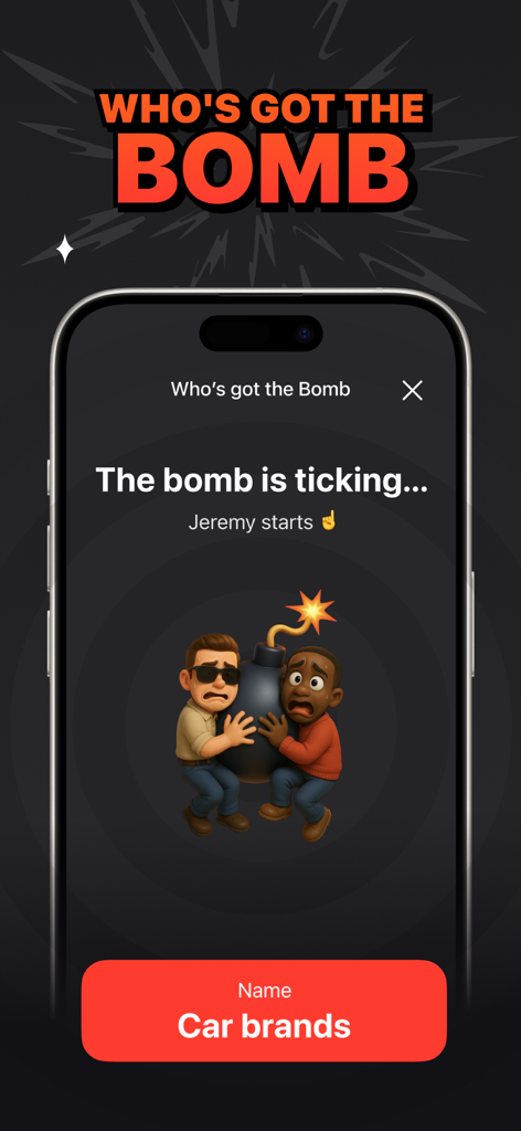 Social party game screen for Whos Got the Bomb mode in the Imposter Game Splash app