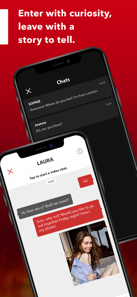 LOVE CHAT - Meet new friends - 채팅 목록과 사용자 사진이 포함된 개인 대화창을 보여주는 Love Chat 모바일 앱 인터페이스