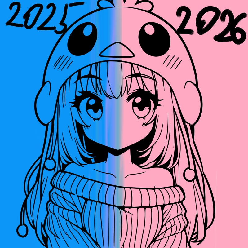 anime girl with chick shaped hat with sweater with bare shoulders with bangs covering them one eye with low tail