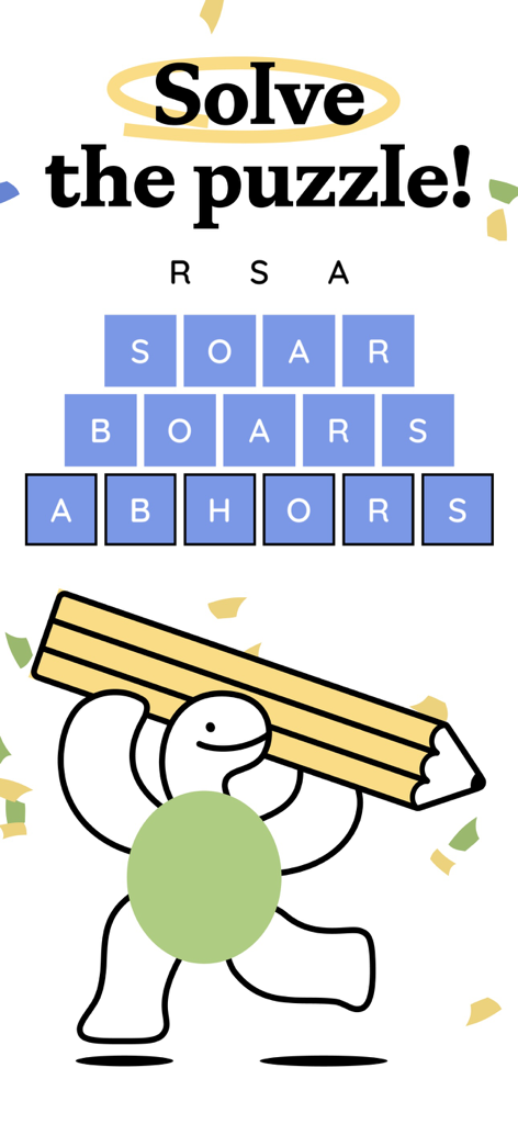 Triplit: Daily Word Game - A cartoon turtle holding a pencil next to a solved word pyramid puzzle
