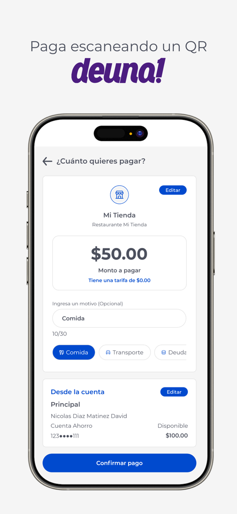 BGR Digital - Interfaz de la aplicación BGR Digital mostrando una pantalla de pago de 50 dólares utilizando un código QR de Deuna