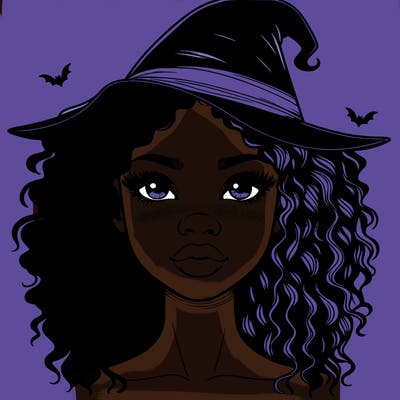 realistic black girl with wavy hair and witch hat and nose and lips