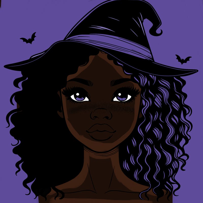 realistic black girl with wavy hair and witch hat and nose and lips