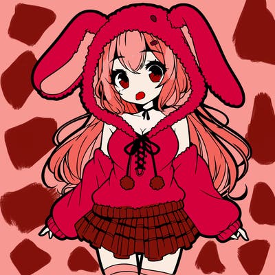 pretty anime girl wearing a fluffy hoodie with bunny ears on the hood and a skirt