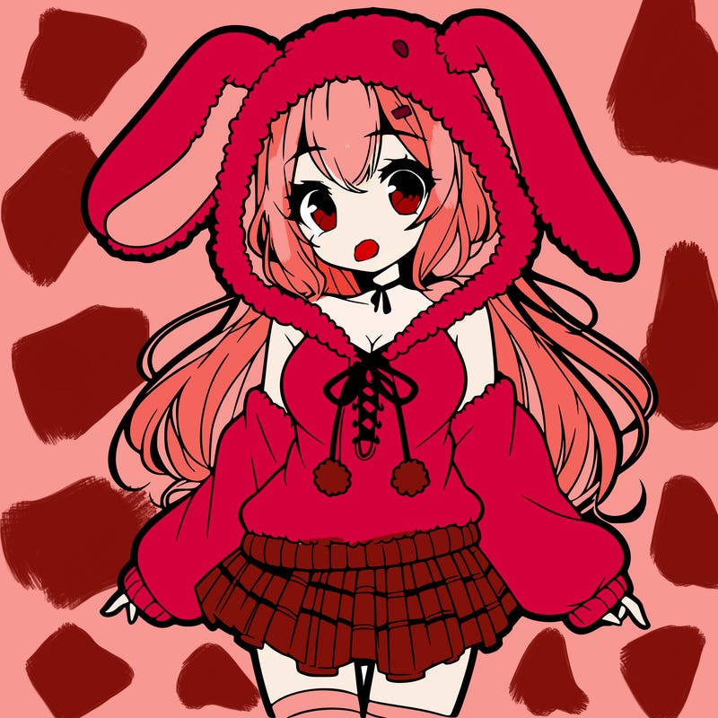 pretty anime girl wearing a fluffy hoodie with bunny ears on the hood and a skirt