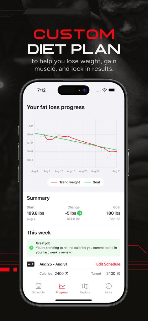RP Diet Coach & Planner - RP Diet Coach app showing a fat loss progress chart and weight summary