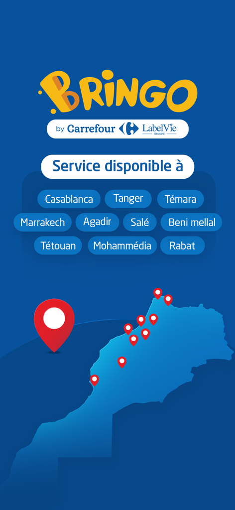 Bringo by Carrefour Maroc - Map of Morocco highlighting the cities where Bringo grocery delivery services are available