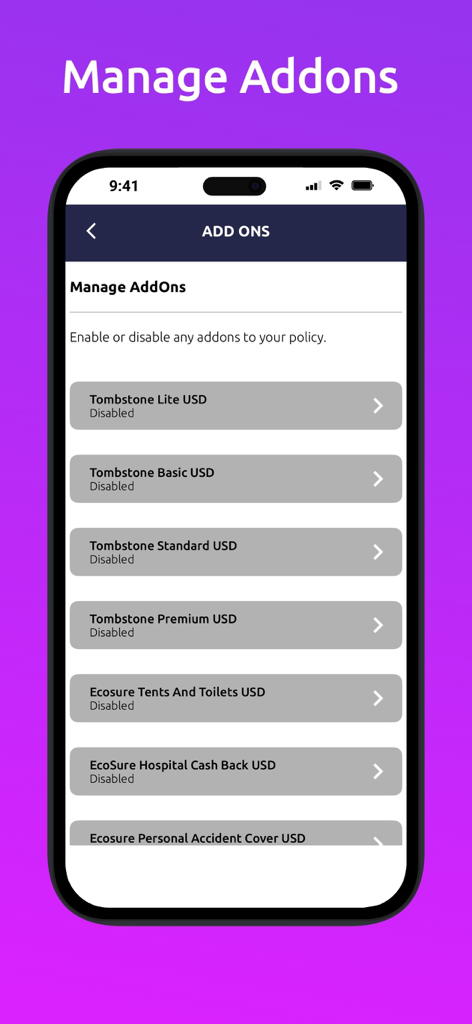 Écran de l'application EcoSure Zimbabwe montrant une liste d'options d'assurance supplémentaires, y compris la couverture de pierre tombale et le remboursement des frais d'hospitalisation.