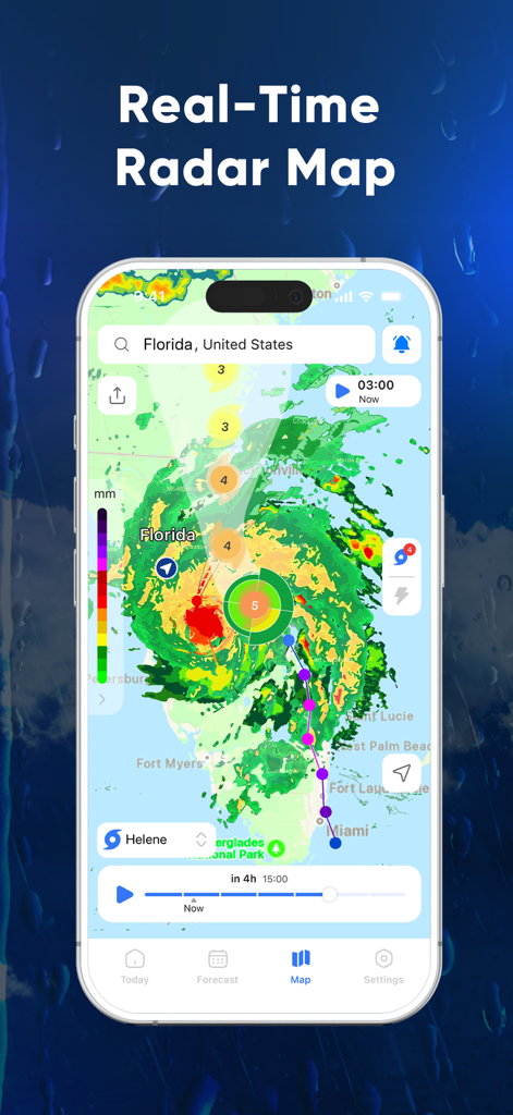 NOAA Weather Radar - SkyRadar - Mappa radar in tempo reale che mostra il tracciamento dell'uragano sulla Florida nell'app SkyRadar