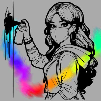 realistic girl with mask spray painting a wall