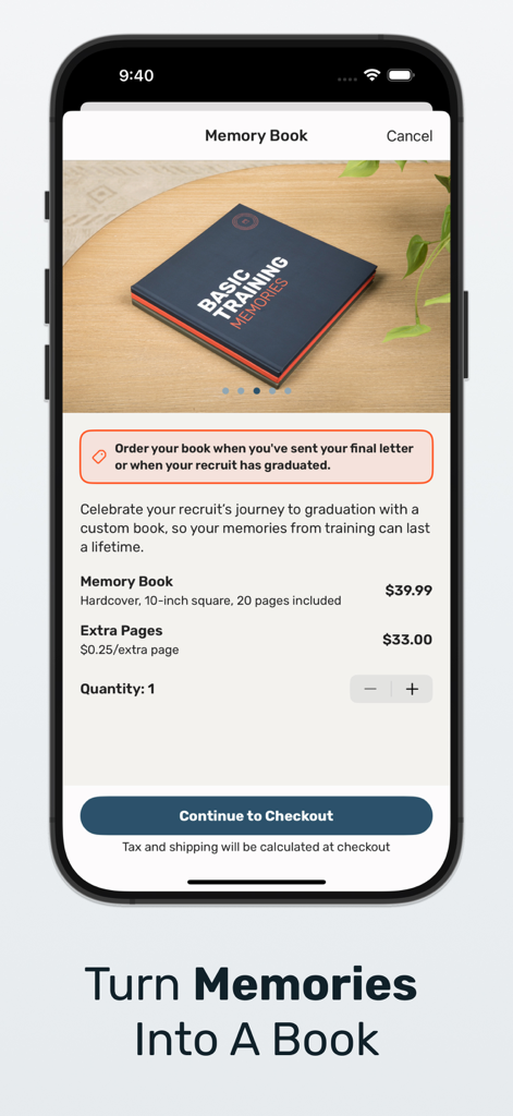 Ordering a custom military basic training memory book in the Sandboxx app