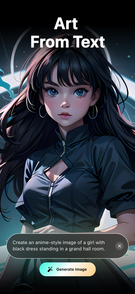 AI Photo Generator - Art Guru - AI Art Guru mobile app interface showing an anime girl generated from a text prompt