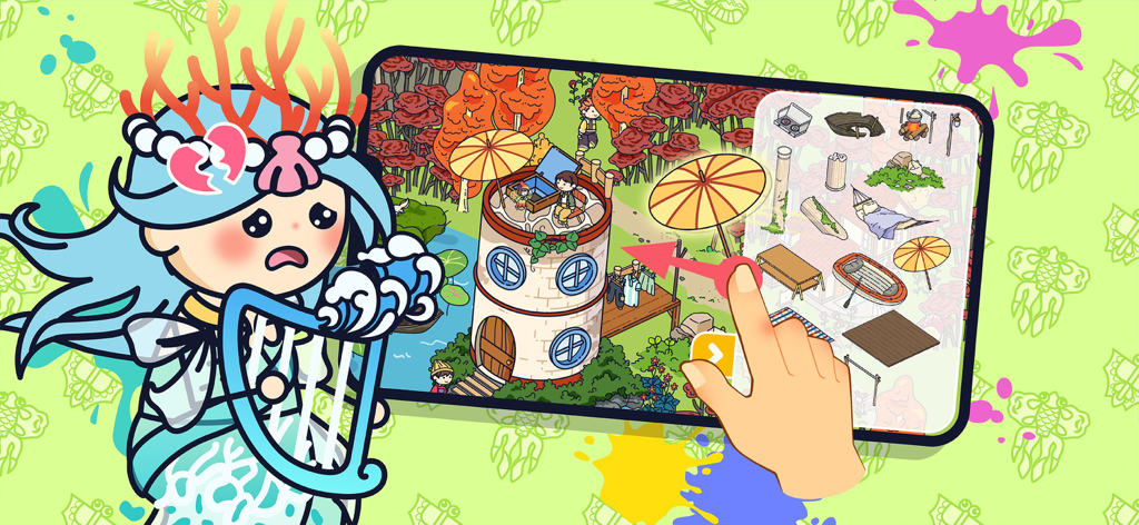 Una mano che seleziona elementi di costruzione da un menu nell'app Topia World