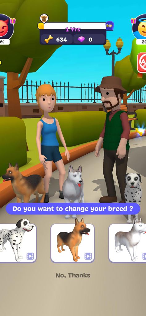 Dog Life Simulator ! - Un écran de jeu de Simulateur de Vie de Chien où le joueur peut choisir entre différentes races de chiens comme un Dalmatien, un Berger Allemand et un Husky