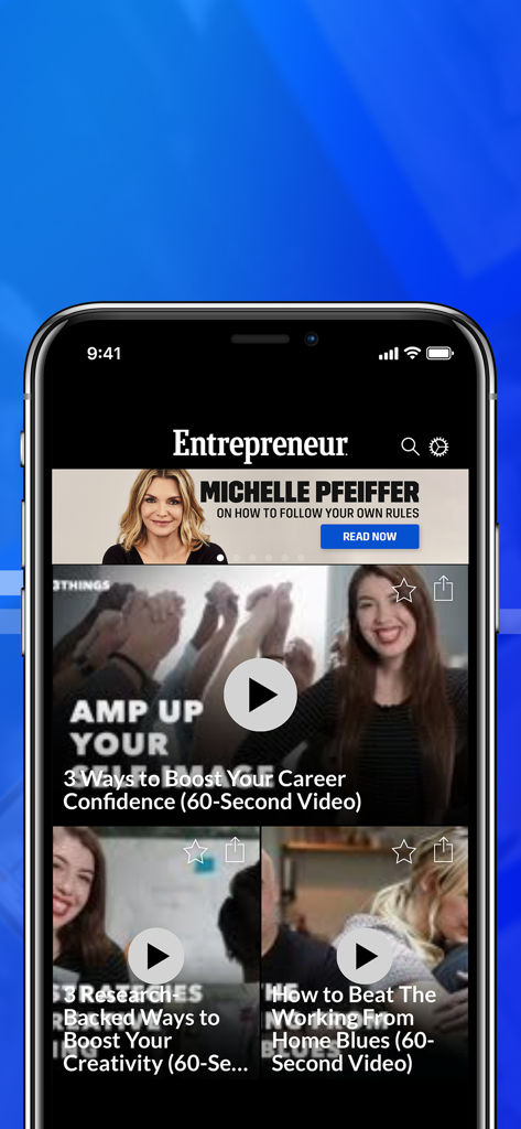 Entrepreneur Magazine - Interfaccia dell'app Entrepreneur Magazine che mostra video sulla produttività aziendale e articoli di notizie.