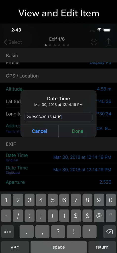 Editing the date and time metadata of a photo in the EXIF Tool app