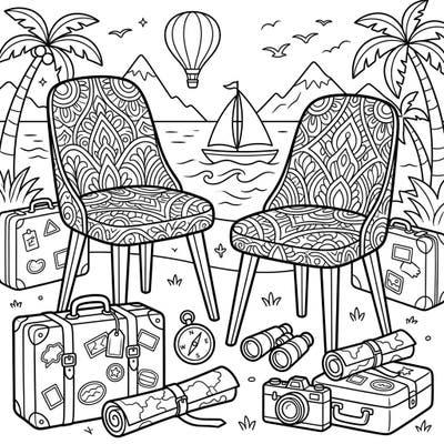 Unleash your creativity with this delightful coloring page featuring elegant dining chairs embarking on a fun-filled vacation. Discover a whimsical scene brimming with travel essentials, from packed suitcases to adventurous maps, ready for your artistic touch.