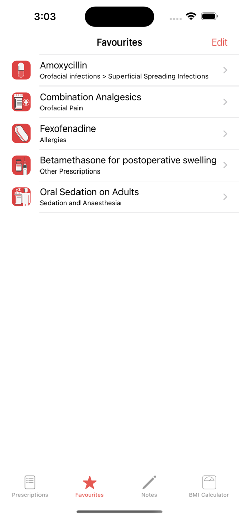 Favorites screen in the Dental Prescriber app showing a list of saved dental prescriptions and medications.