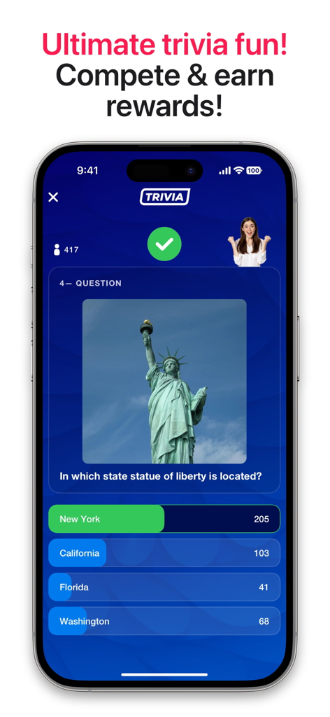 Sociable - Video Chat & Games - A smartphone displaying a live trivia game on the Sociable app featuring a question about the Statue of Liberty with multiple choice options and player counts