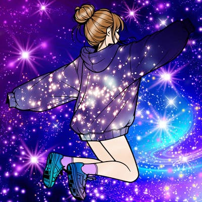 realistic girl jumping with a bun and oversized sweatshirt
