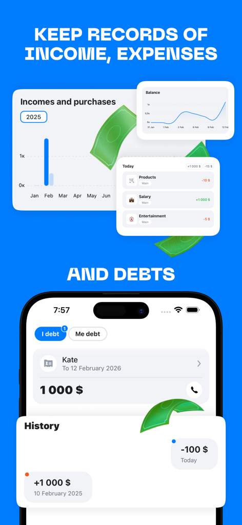 Panel de la aplicación MyLife mostrando gráficos de ingresos y gastos junto con registros de gestión de deuda en un fondo azul limpio.