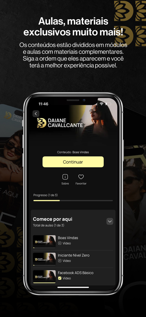 Interface de l'application d'éducation Daiane Cavallcante 2.0 affichant les modules de cours de marketing