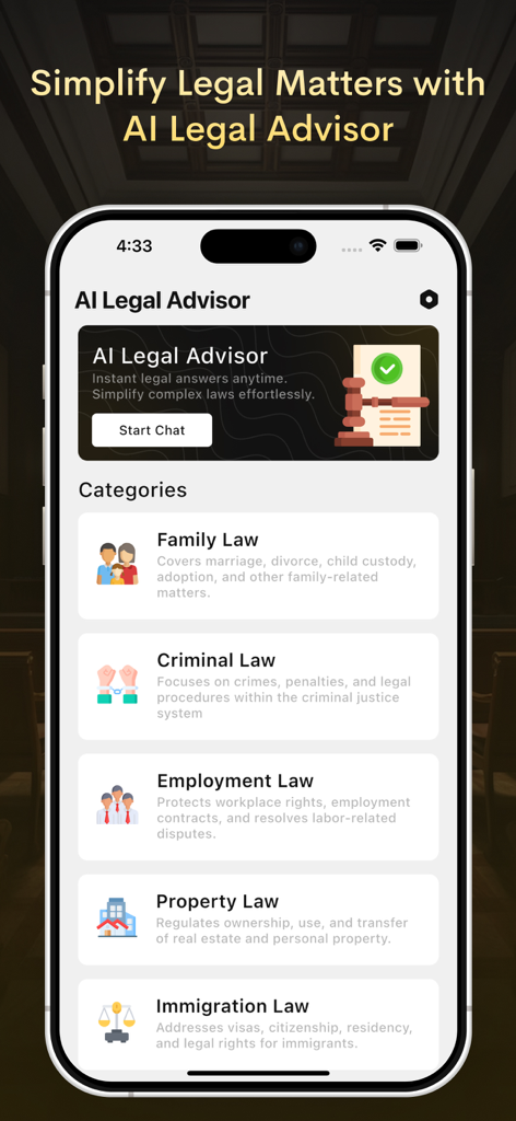 AI Lawyer - Legal Advisor - Interface of the AI Lawyer app showing different legal categories like Family Criminal and Employment law.