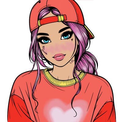 beautiful realistic girl with backwards baseball cap and a sweat shirt