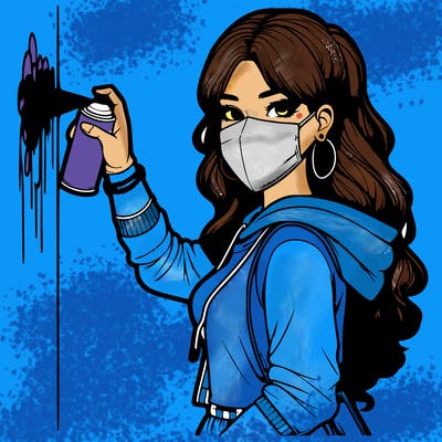 realistic girl with mask spray painting a wall