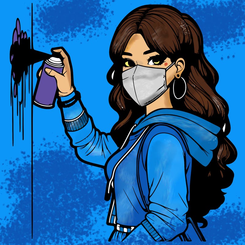 realistic girl with mask spray painting a wall