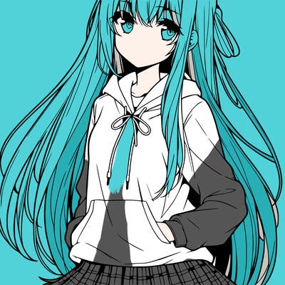 anime woman with long hair and bangs wearing hoodie and skirt