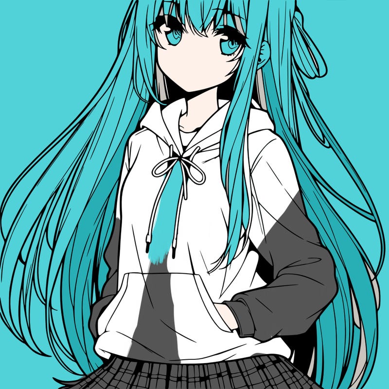 anime woman with long hair and bangs wearing hoodie and skirt