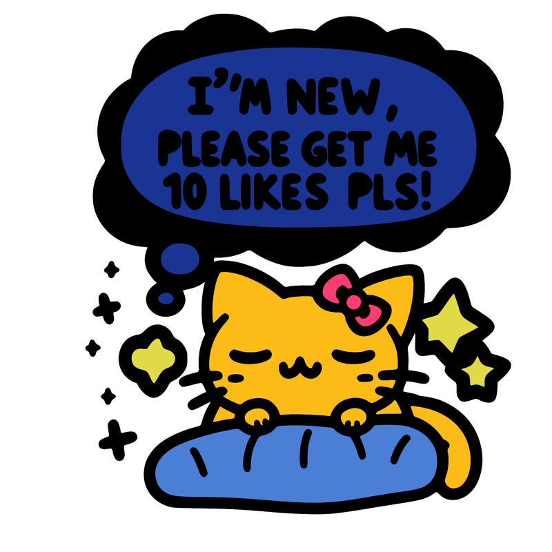 kitty taking a nap dream talking and saying "i'm new, please get me at least 10 likes pls!!"