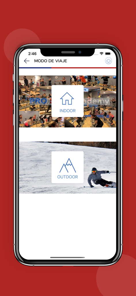 PRO SKI Sensor - PRO SKI Sensor app screen showing indoor and outdoor training mode selection.