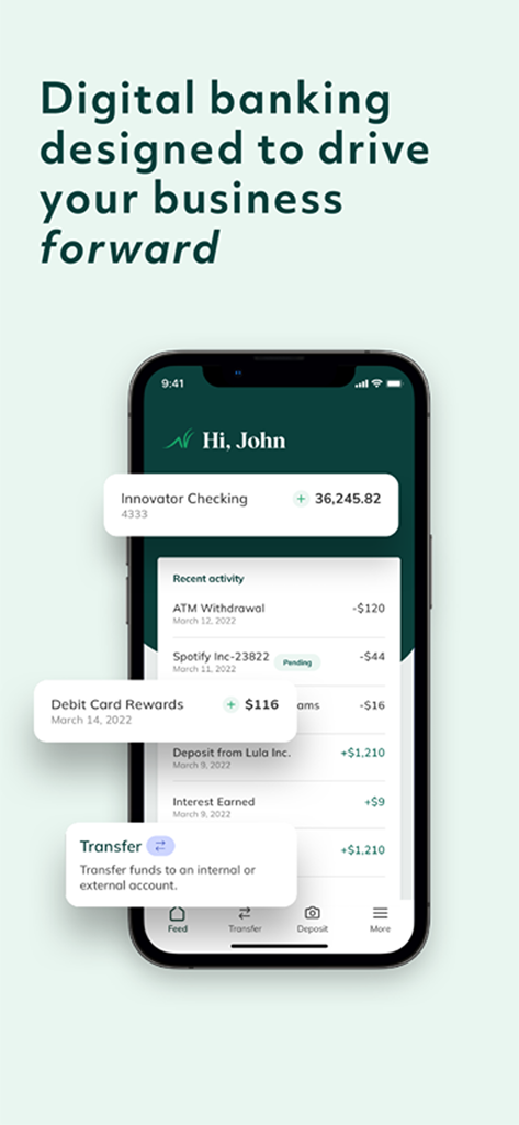 Grasshopper Bank Business - Smartphone displaying the Grasshopper Bank Business app interface with account balance and recent activity