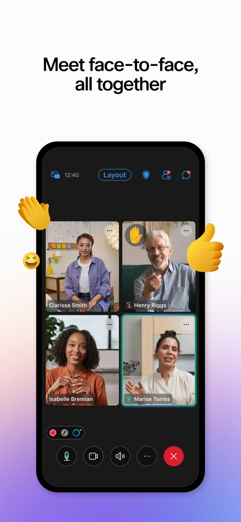 Interfaz de videollamada en la aplicación Webex Meetings con cuadrícula de participantes y reacciones emoji